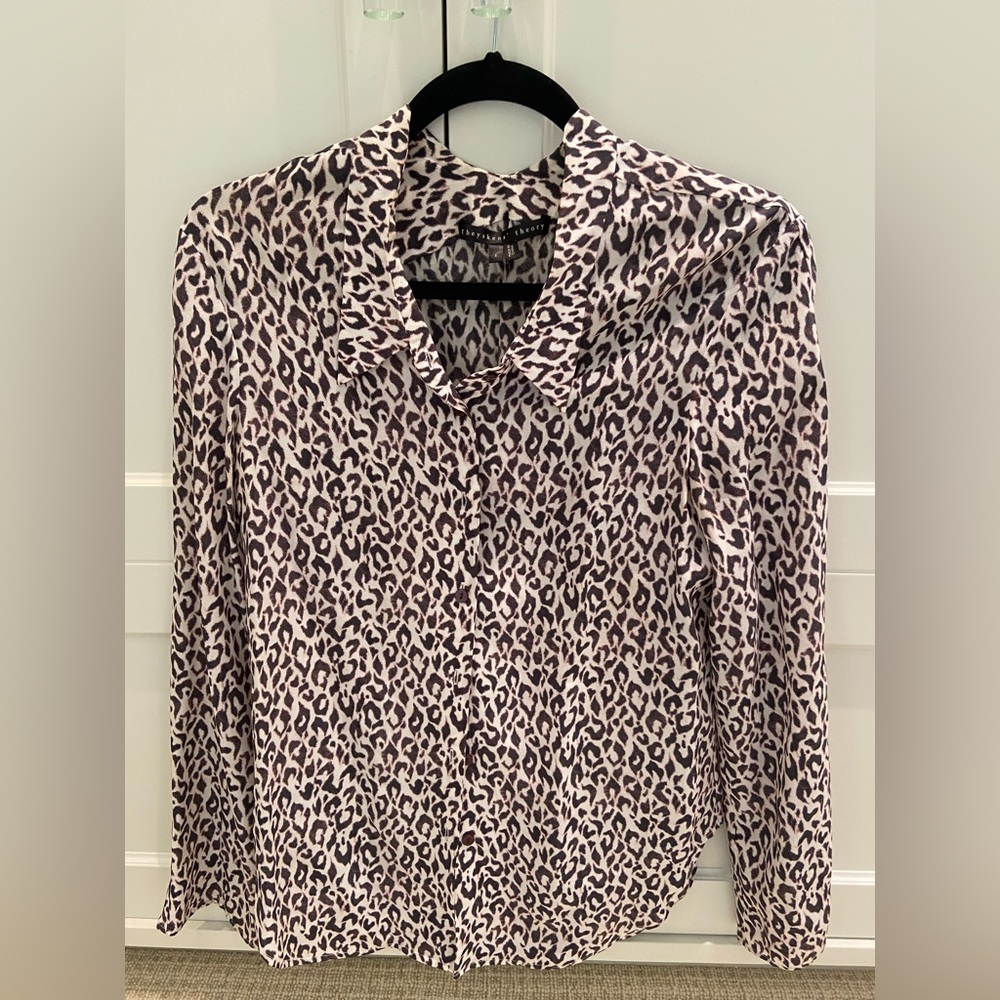 Theysken’s Theory silk blouse, cream/black/lavender undertones, size small
